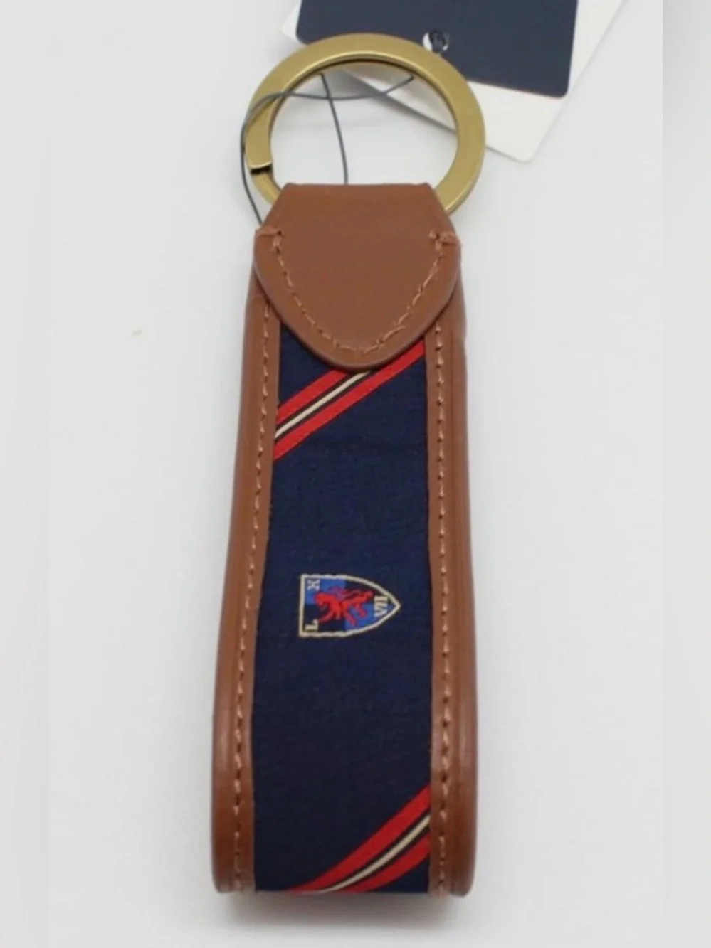 NEW Polo Ralph Lauren Leather & Navy Blue Silk CREST Key Ring Keychain - TAN